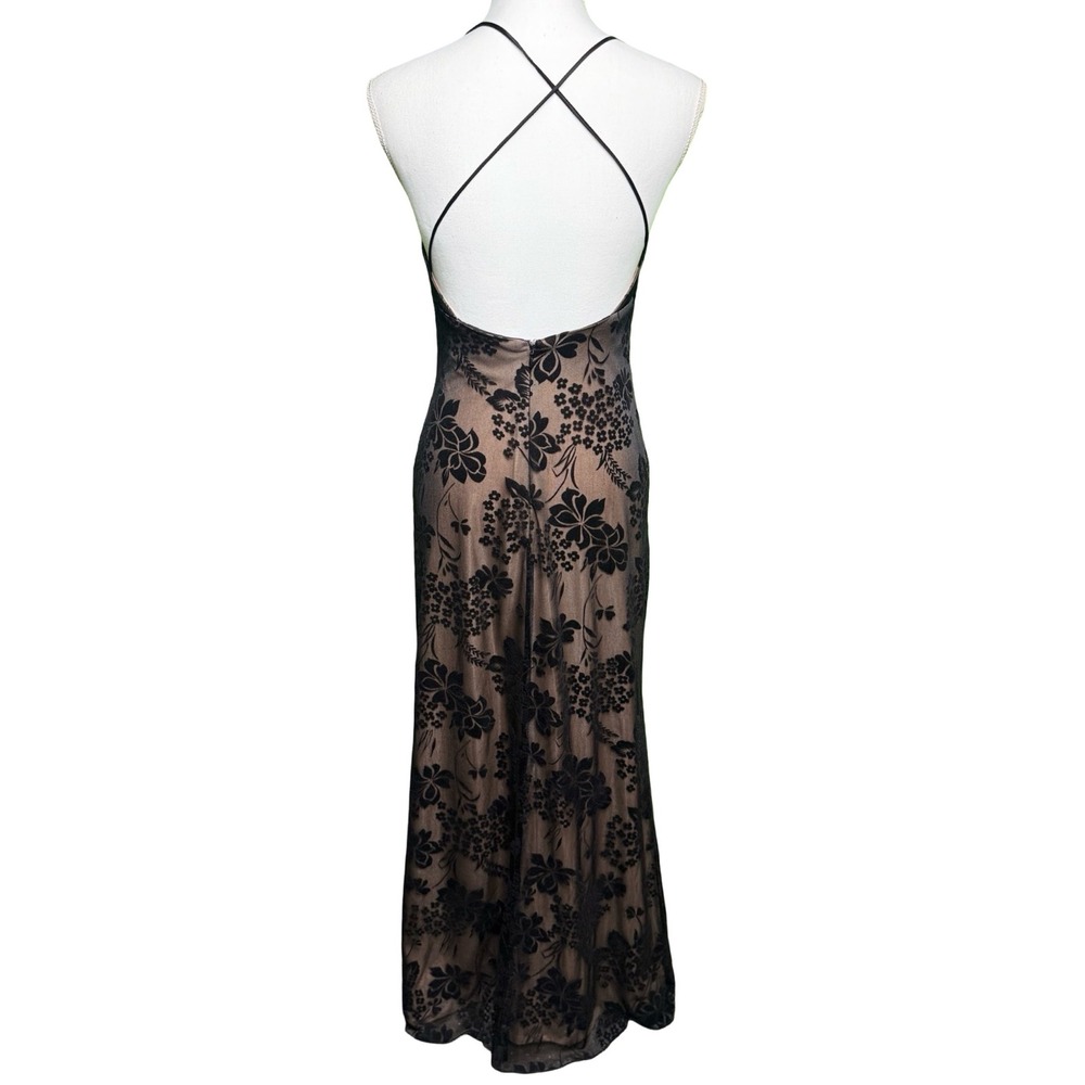 Vintage Y2K Flocked Floral Maxi Dress Spaghetti Strap Formal Evening USA 3 4 - Picture 4 of 8